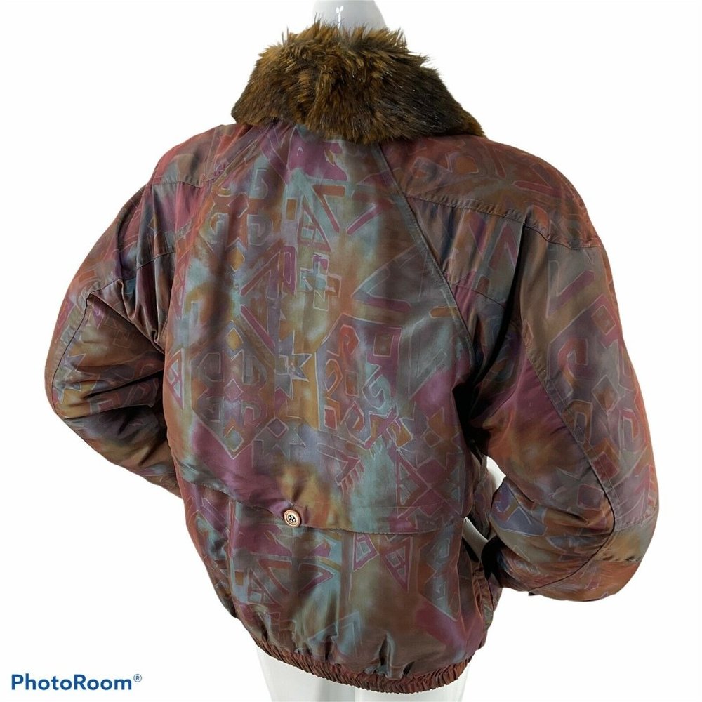 Braefair Coat Womens Sz S Vintage Aztec Retro 90's Leather trim Faux Fur Collar - Picture 3 of 8